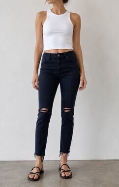 MOTHER Denim The Looker Ankle Fray Jeans Guilty As Sin Black Distress 29x27 $212